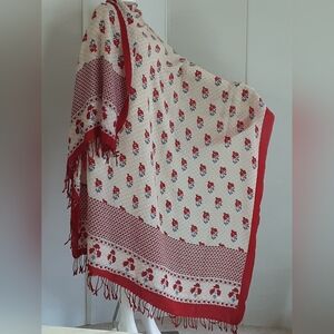 KHAADI 100% Fine Woven Wool  Red | Blue | Cream Floral Full Shawl Sz 88x42 -Vtg